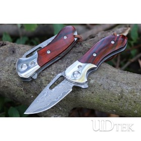Red sandalwood Damascus steel blade folding pocket hunting knife UD407695